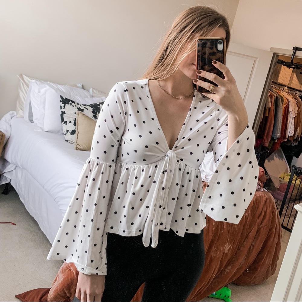 White and Black Polka Dot Tie Front Blouse